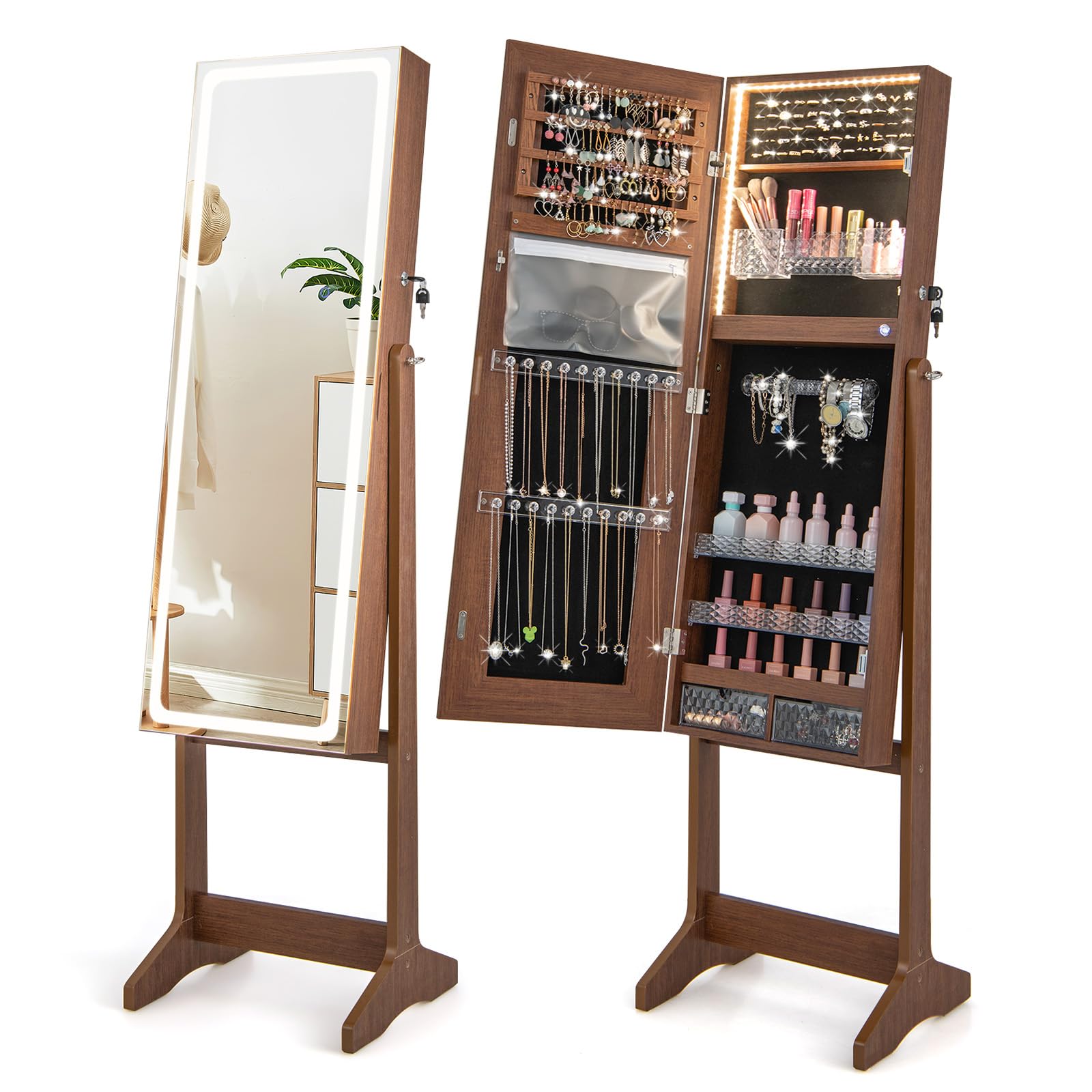 CHARMAID LED Mirror Jewelry Cabinet - Lockable Jewelry Armoire
