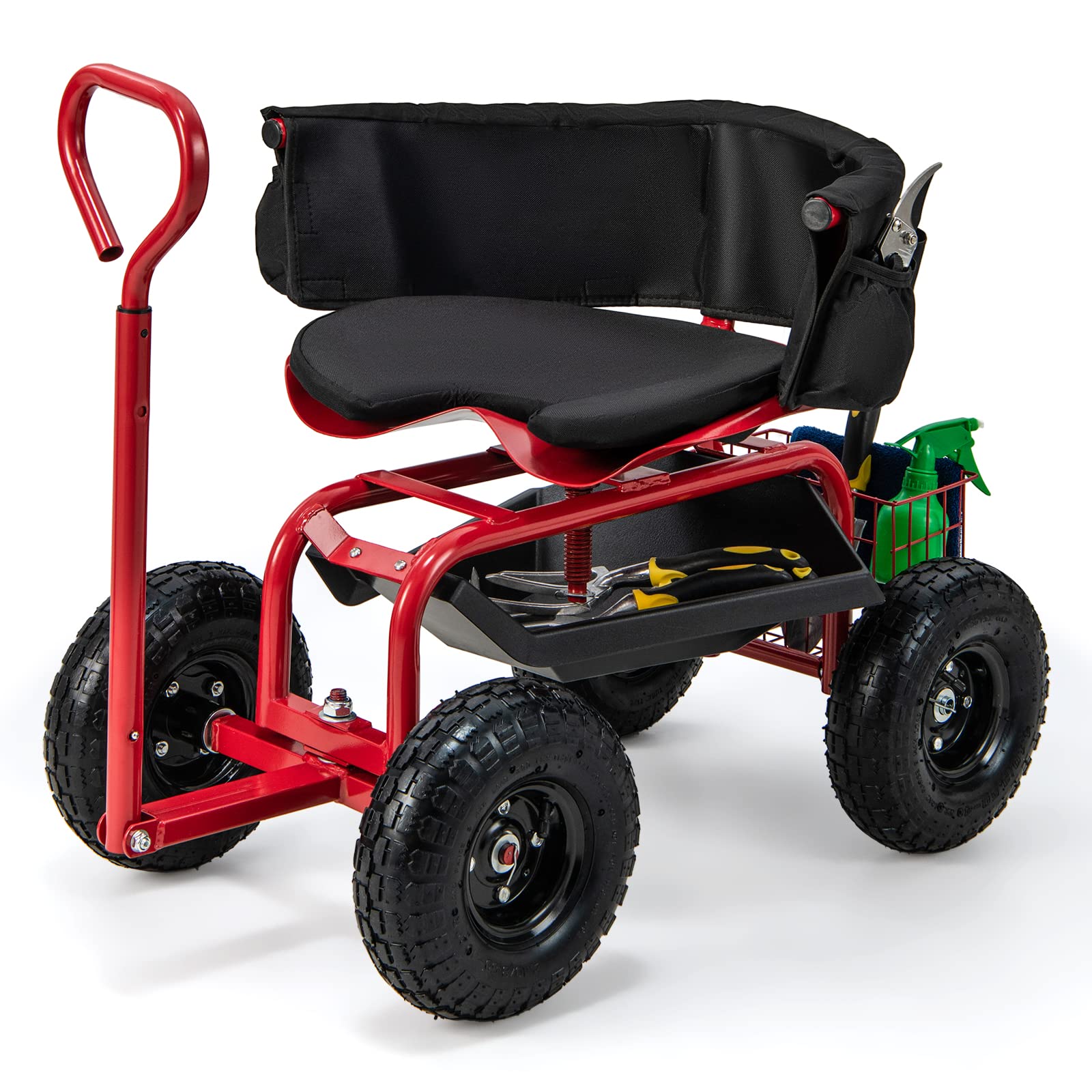 Giantex Rolling Garden Cart, 360 Swivel Workseat with 4 Wheels, Removal Cushion & Tool Tray, Storage Basket
