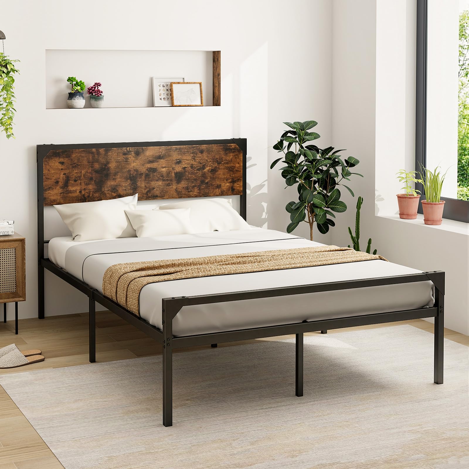 Giantex Full Size Bed Frame with Rustic Headboard & Footboard, Strong Metal Slat Support Mattress Foundation