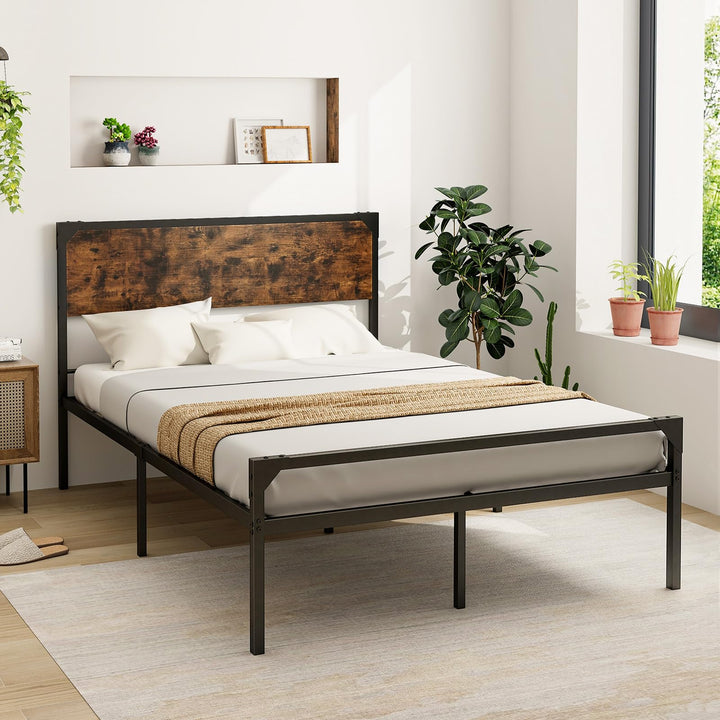 Giantex Full Size Bed Frame with Rustic Headboard & Footboard, Strong Metal Slat Support Mattress Foundation