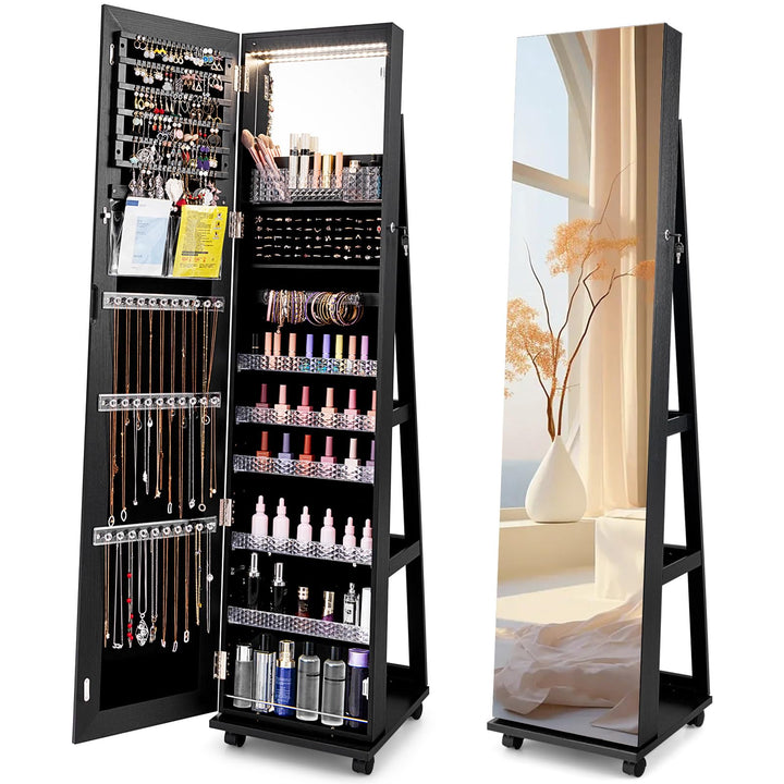 CHARMAID Jewelry Cabinet Armoire with Wheels, 64" Full Length Mirror with Jewelry Storage