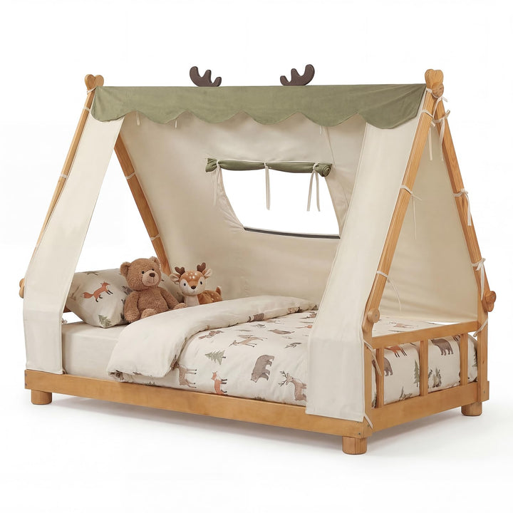 Giantex Twin Size House Floor Wood Bed with Tent
