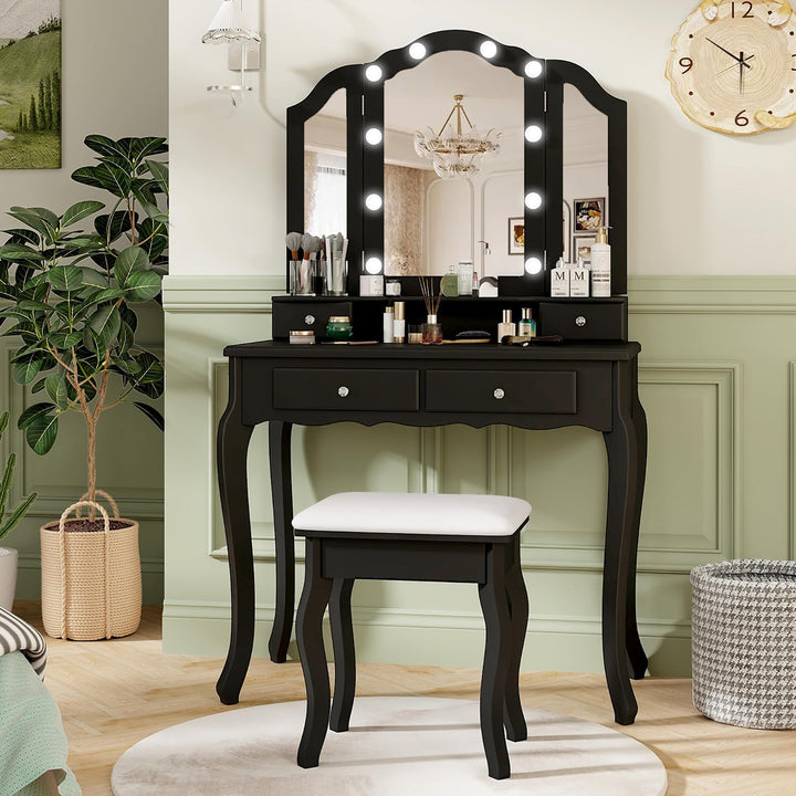 CHARMAID Vanity Desk with Lights - Makeup Vanity Table with Tri-Fold Mirror, 10 Adjustable Hollywood LED Lights, 4 Storage Drawers