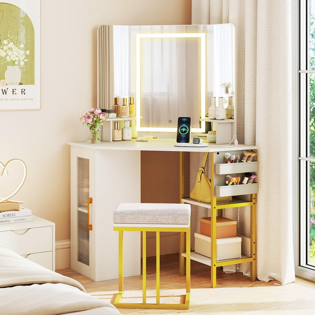 CHARMAID Corner Vanity Desk with Lighted Tri-Fold Mirror | Space Saving Dressing Table with Stool