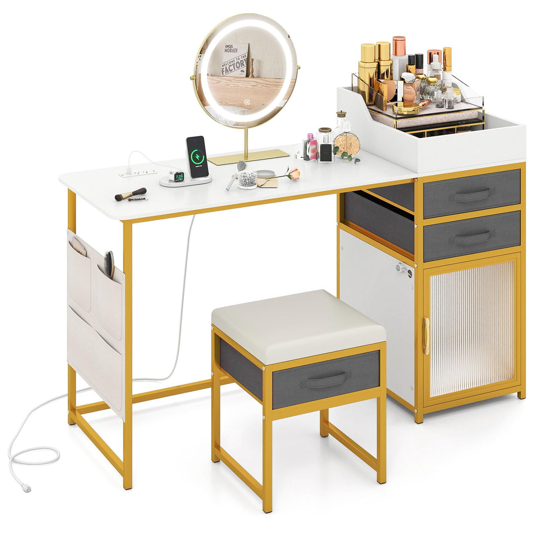 CHARMAID 55'' Vanity Desk with LED Mirror & Lighted Fluted Cabinet