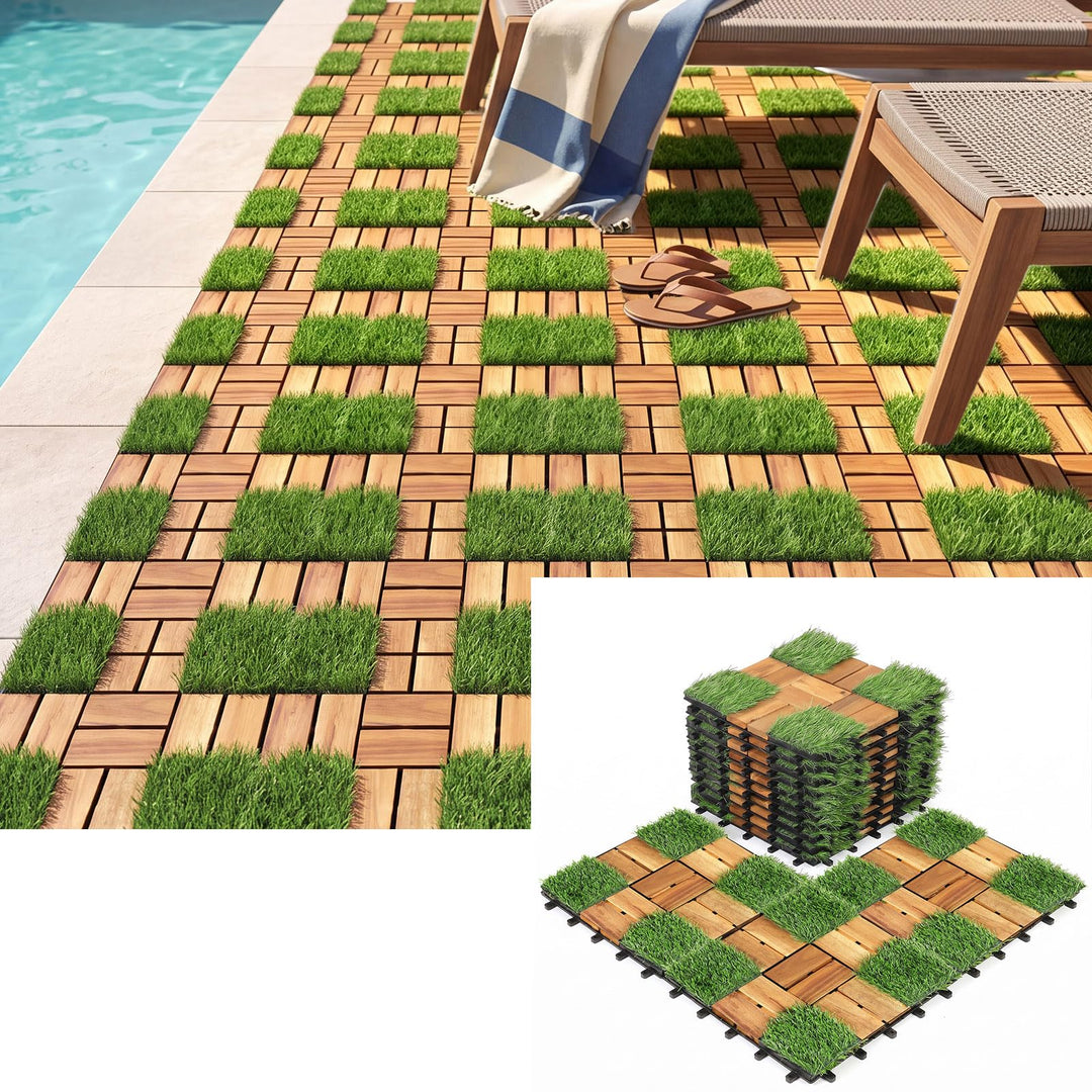 GIANTEX 30 PCS Interlocking Acacia Wood &amp; Artificial Grass Deck Tiles with Drainage Base