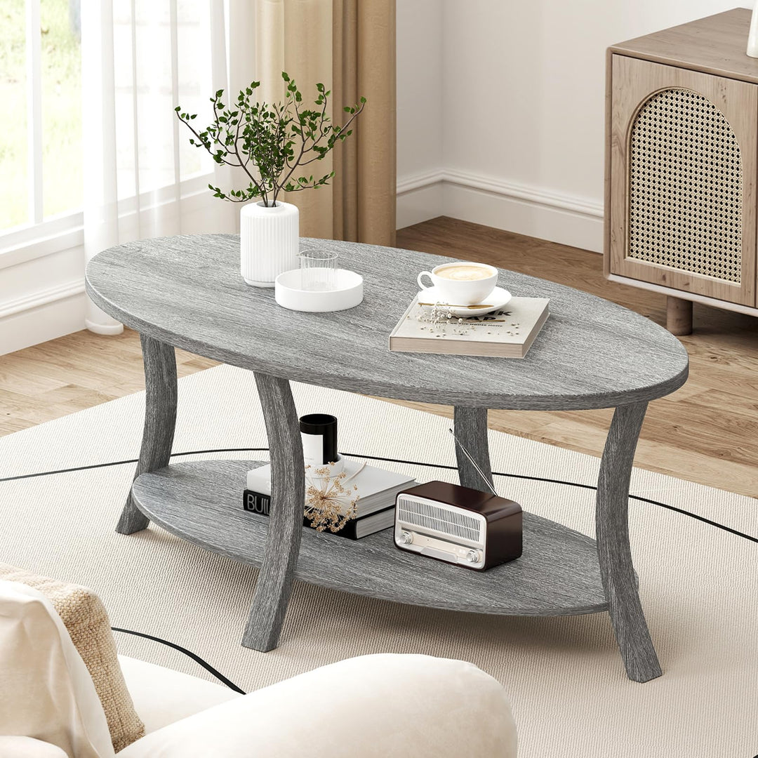 Giantex 44 Inch Oval Coffee Table 2-Tier Center Table with Storage Shelf & Rubber Wood Frame