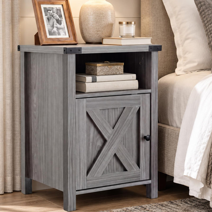 GIANTEX 16" Small Farmhouse Nightstand with Barn Door &amp; Storage Cabinet (1/2)