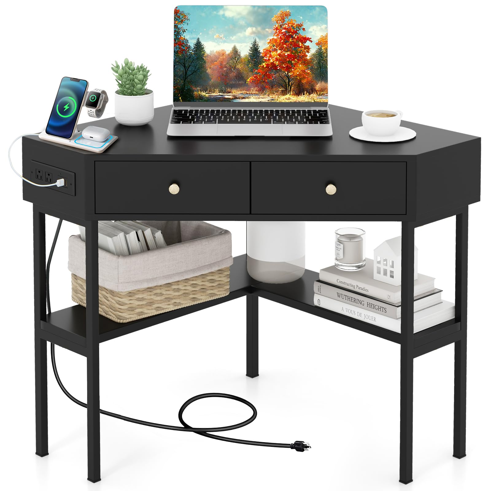 Giantex Corner Desk with Charging Station, 90 Degree Triangle Computer Desk with 2 Drawers & Storage Shelf