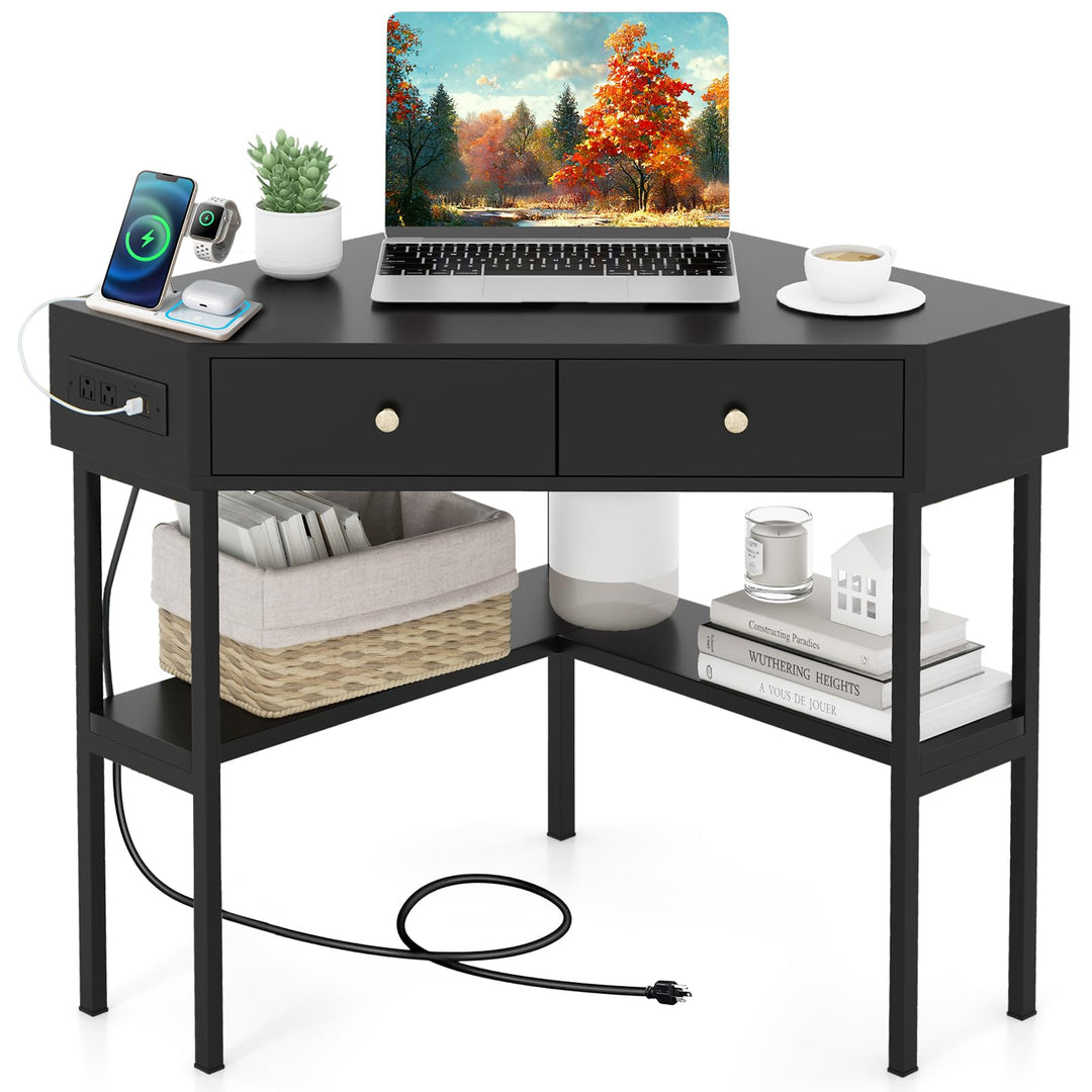 Giantex Corner Desk with Charging Station, 90 Degree Triangle Computer Desk with 2 Drawers & Storage Shelf