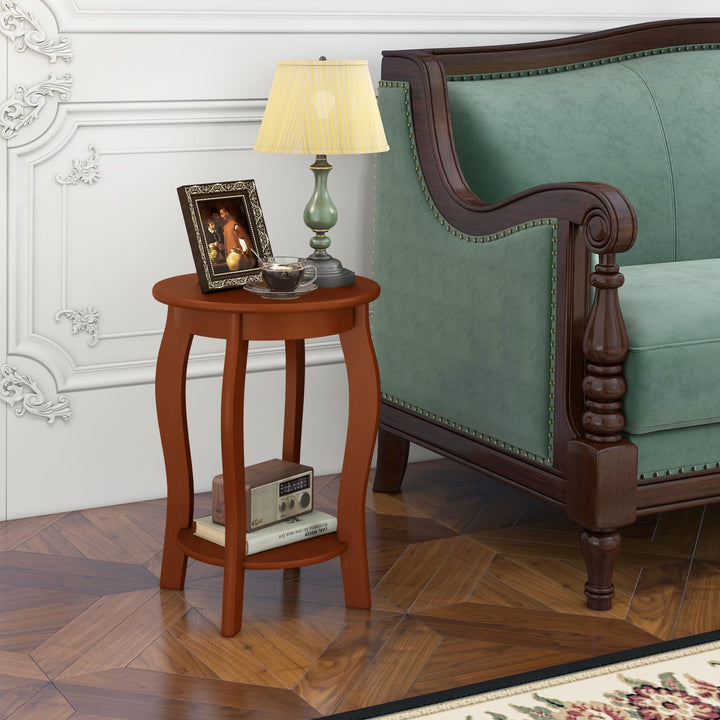 Giantex 2-Tier Round End Table, Narrow Tiered Telephone Table with Storage Shelf, Solid Wood Legs