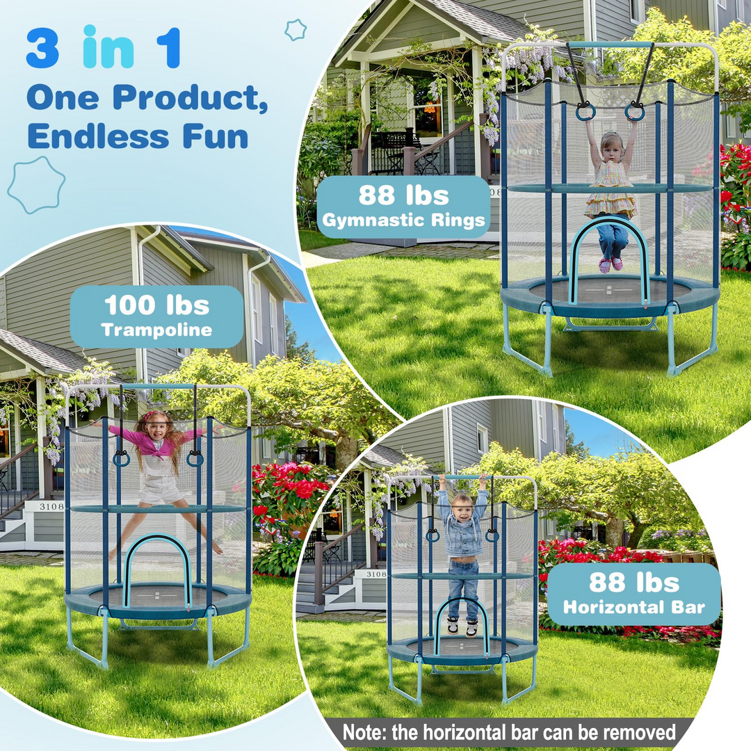 Giantex 60" Trampoline for Kids, 5 Ft Toddler Trampoline with Net, 85" Height Mini Trampoline with Detachable Ring and Horizontal Bar