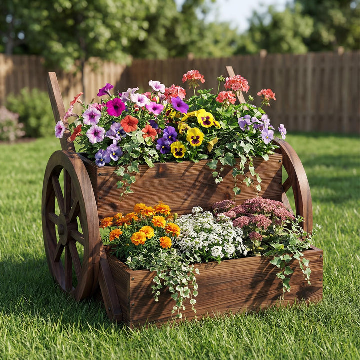Giantex Wooden Wagon Planter Box with Wheels