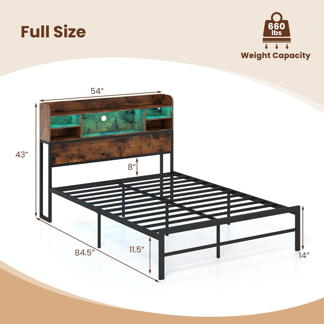 Giantex Full Size Industrial Metal Bed Frame with LED Lights &amp; Charging Station