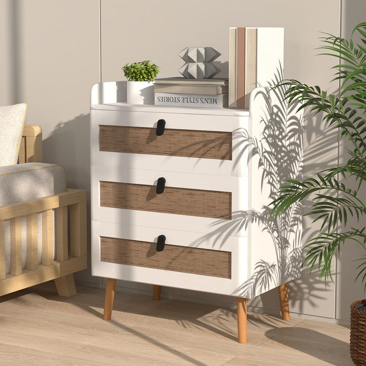 Giantex Rattan Nightstand, Boho 3-Drawer Dresser with 4 Solid Wood Legs