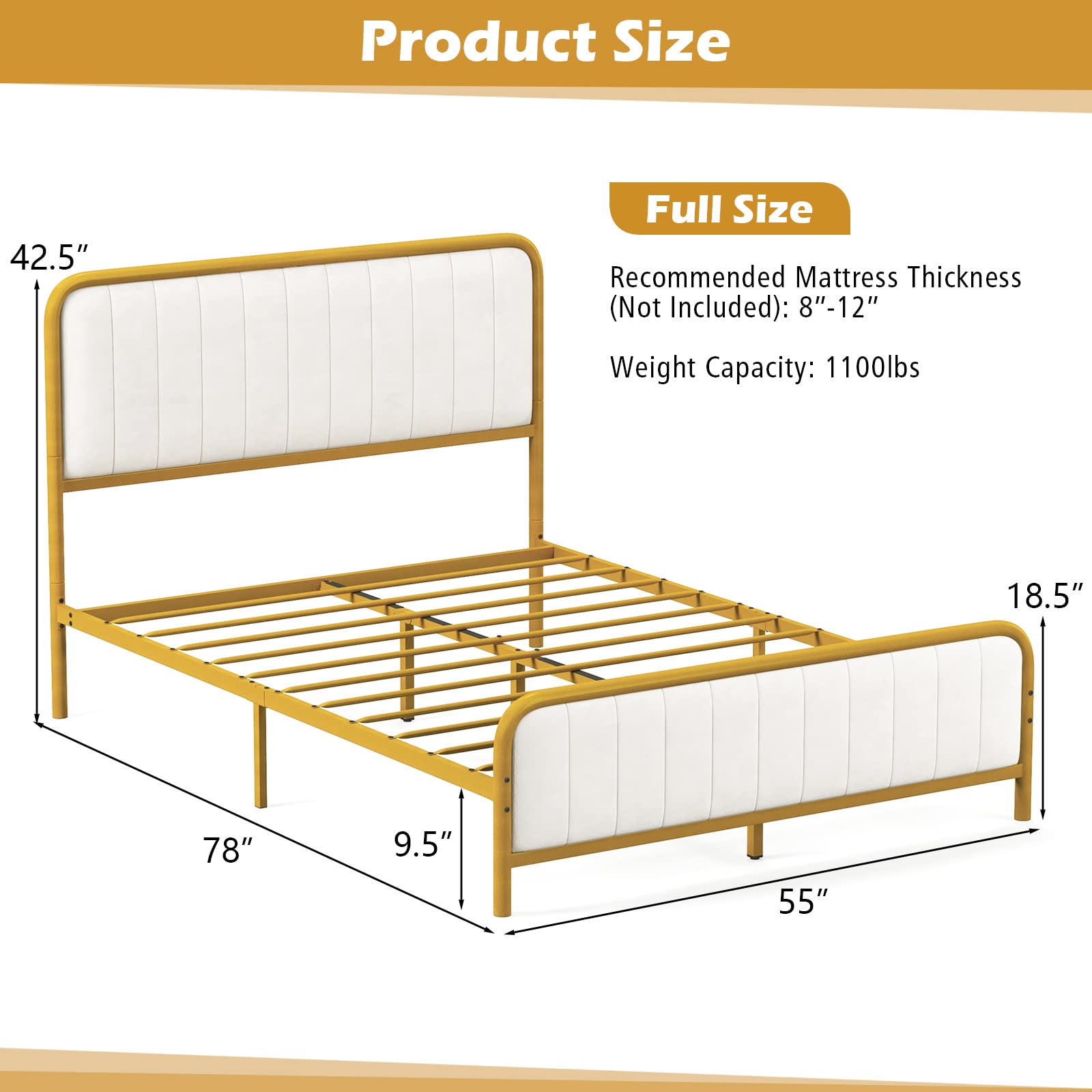 Giantex Twin Size Gold Bed Frame with Velvet Headboard and Footboard, Heavy-duty Metal Slats Support Mattress Foundation