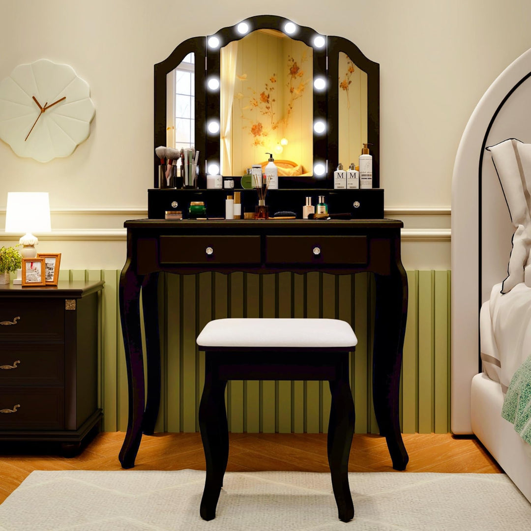 CHARMAID Vanity Desk with Lights - Makeup Vanity Table with Tri-Fold Mirror, 10 Adjustable Hollywood LED Lights, 4 Storage Drawers