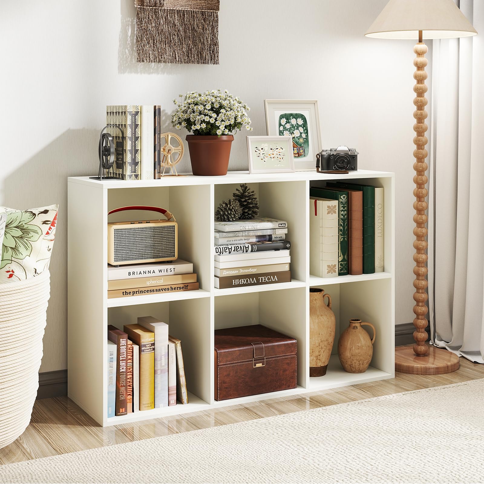 Giantex 6-Cube Bookcase, 3-Tier Cubby Bookshelf, Horizontal Vertical Display Rack with Anti-Tipping Kits