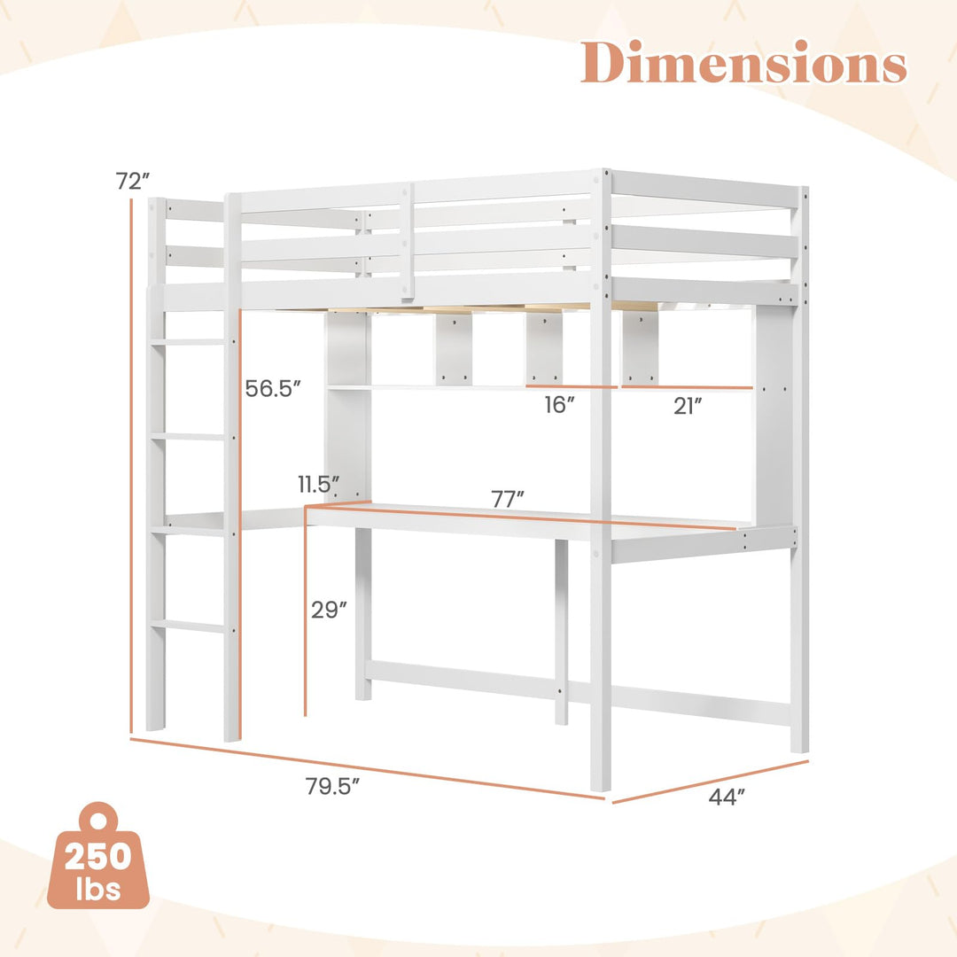 Giantex Solid Wood Twin Loft Bed with Desk and Bookcase