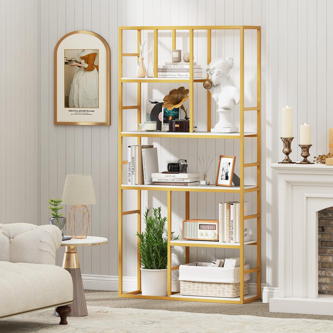 Giantex 5-Tier Bookshelf 71" Freestanding Golden Bookcase with Open Storage Shelves
