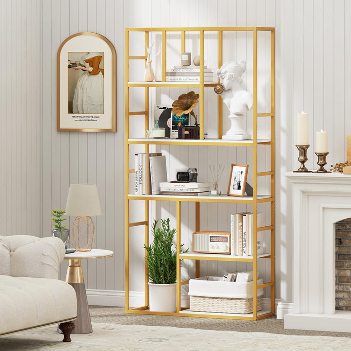 Giantex 5-Tier Bookshelf 71" Freestanding Golden Bookcase with Open Storage Shelves