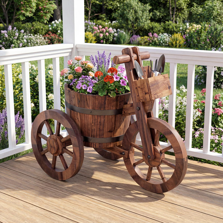 Giantex Wooden Wagon Planter with Wheels for Patio Backyard Balcony