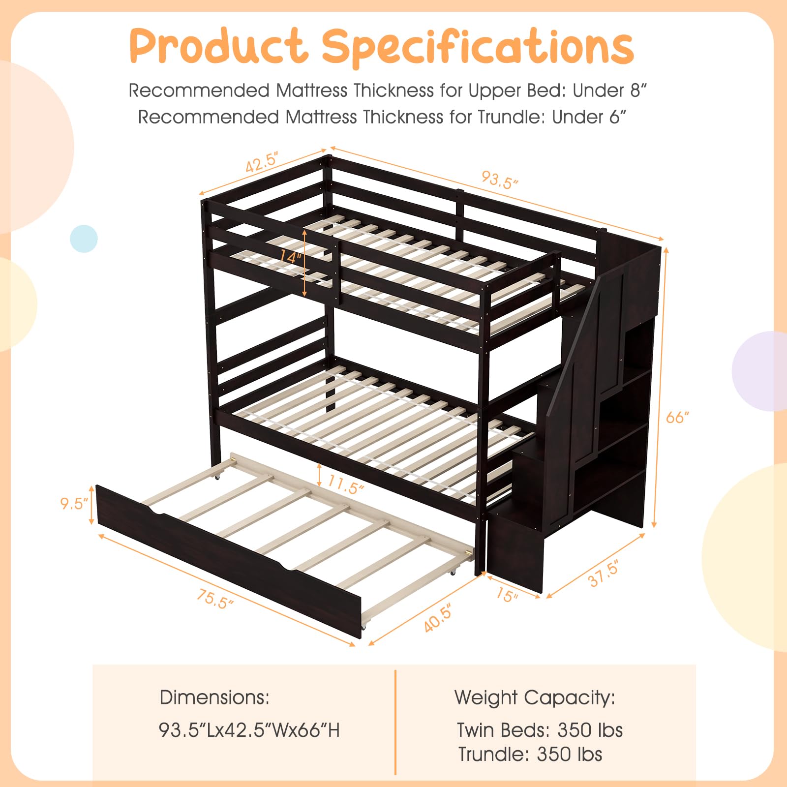 Giantex Twin Over Twin Bunk Bed with Trundle and Storage Stairs, Solid Wood Bunk Bed Convertible 3 Bed Frames for Bedroom