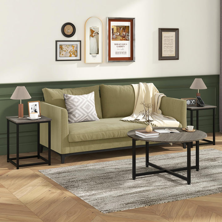 Giantex Round Nesting Table Set of 3, Farmhouse Coffee Table w/2 End Tables, Sturdy Metal Frame (Black Oak)