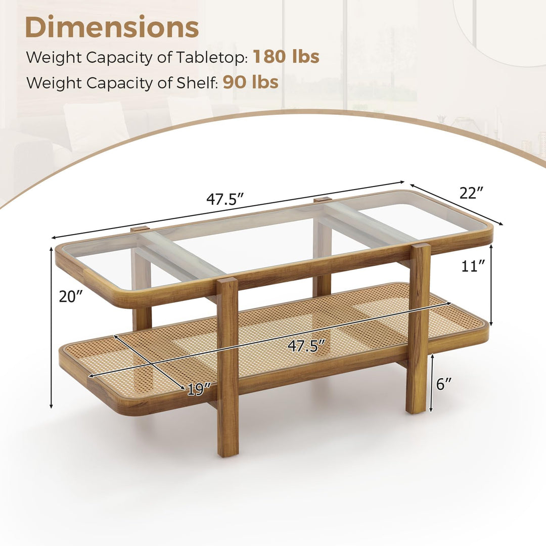 Giantex Rattan Coffee Table, 47.5" Rectangle Solid Wood Tea Table w/Tempered Glass Tabletop