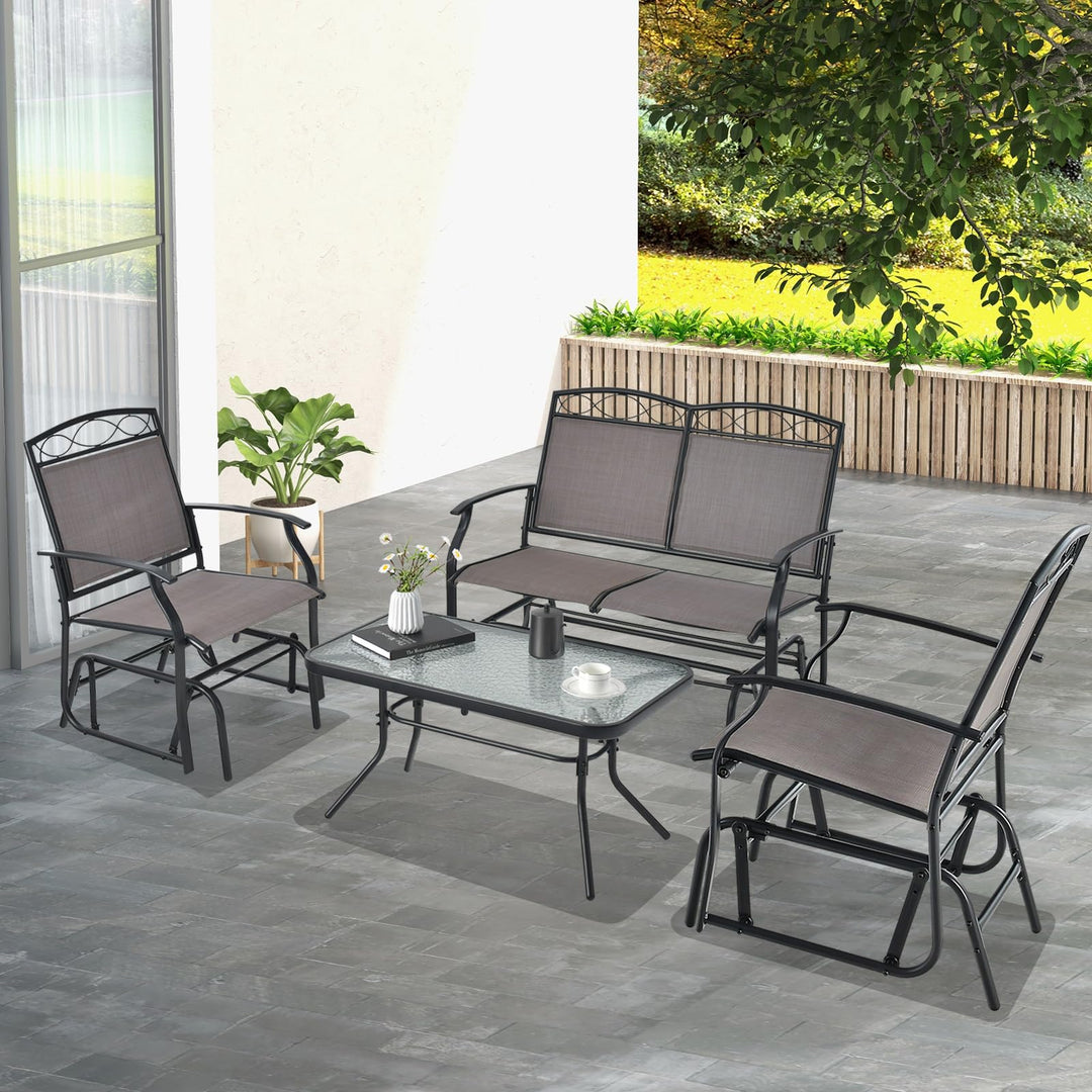 Giantex 4 or 2 PCS Outdoor Glider Chairs Set - Patio Furniture Set with Tempered Glass Table (4 PCS, Brown)