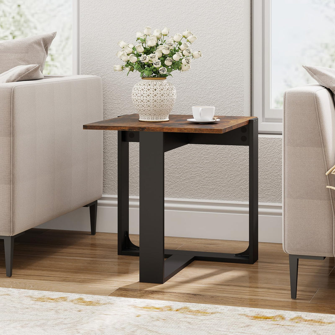 Giantex Rustic Brown Square Industrial Side Table w/T-Shape Metal Frame