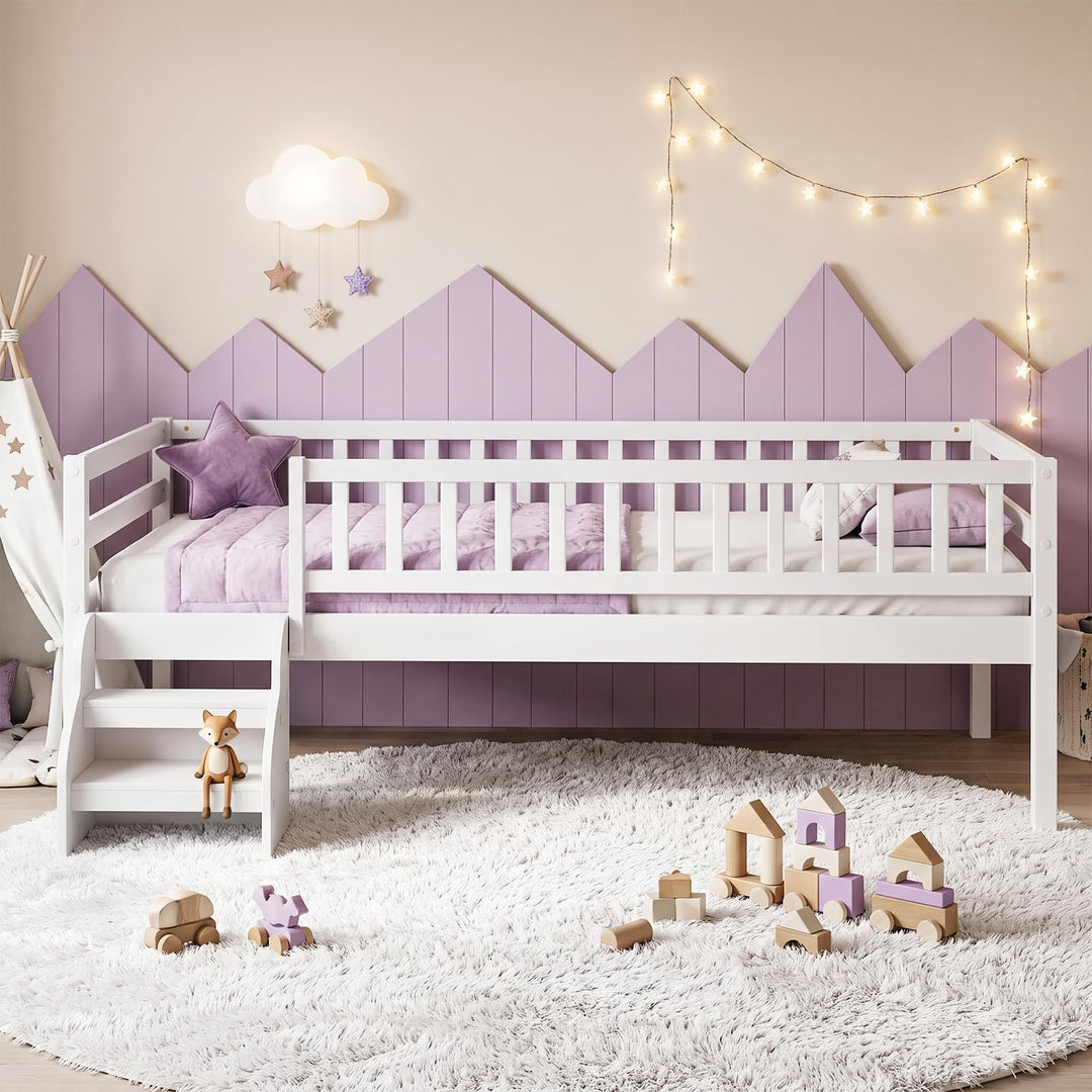 GIANTEX Low Profile Twin Size Bed Frame with Stairs &amp; Safety Guardrails