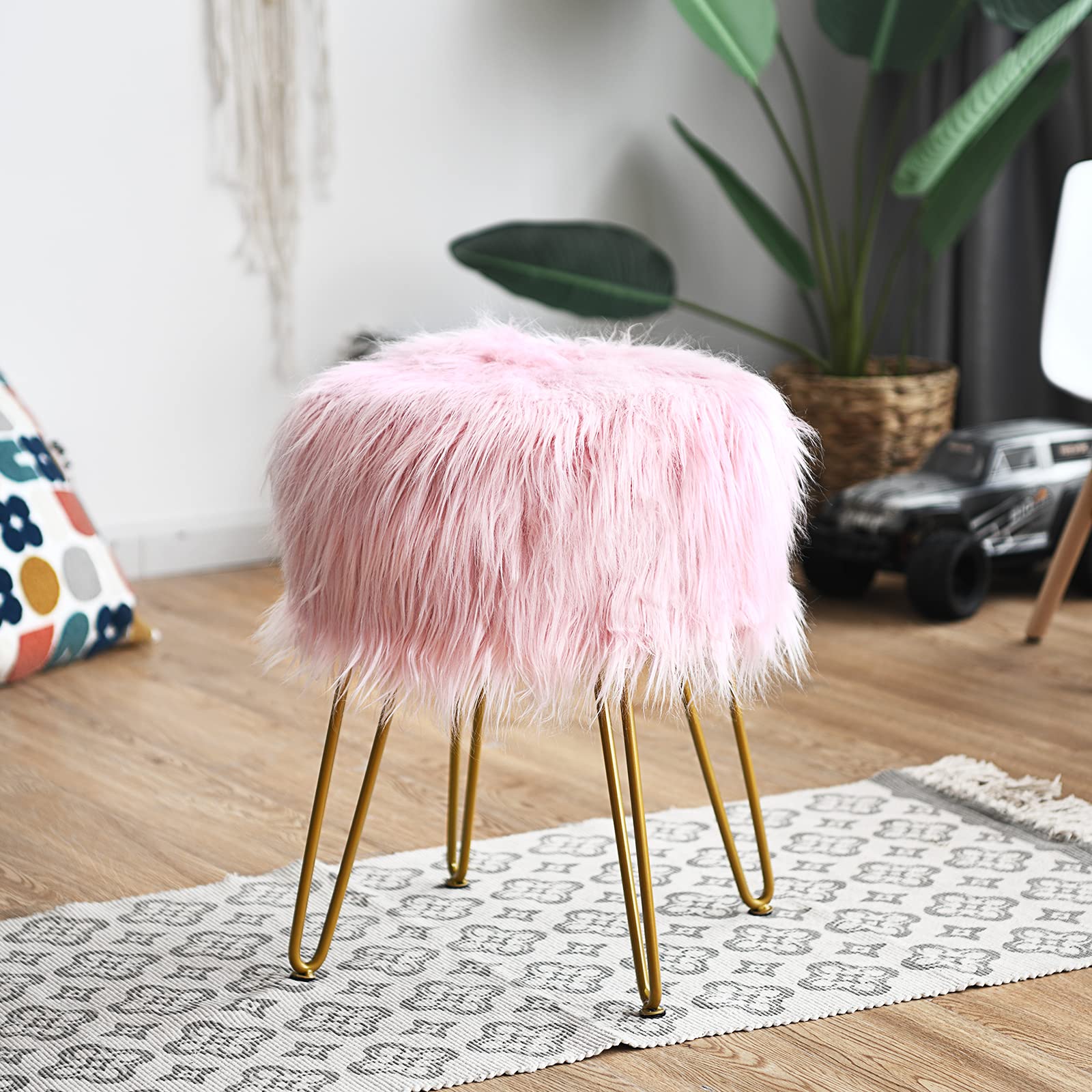 Ottoman Footrest, Faux Fur Vanity Stool Chair