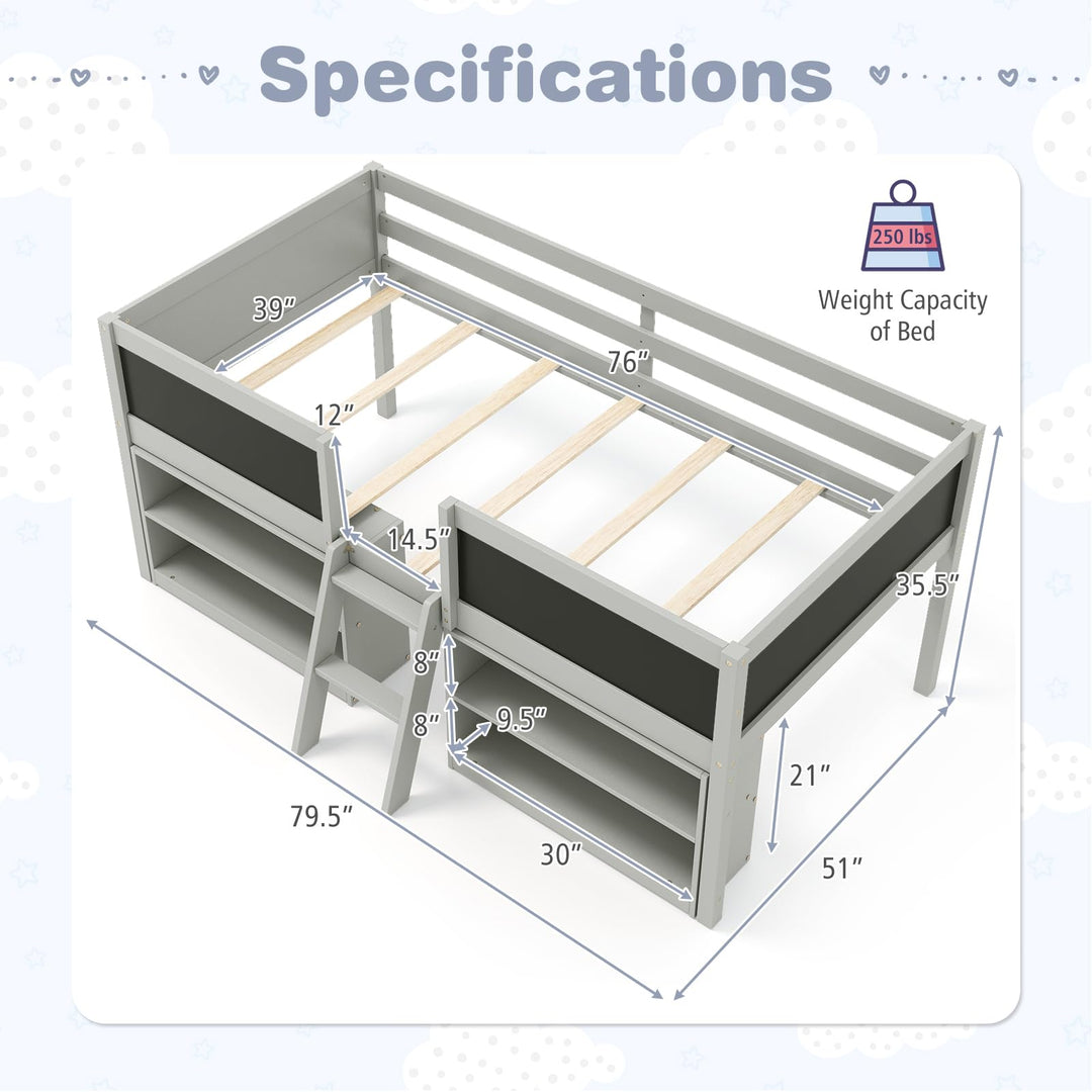 Giantex Low Loft Bed Twin Size, Wooden Loft Bed with Ladder & Blackboard