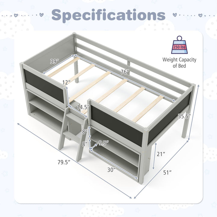 Giantex Low Loft Bed Twin Size, Wooden Loft Bed with Ladder & Blackboard