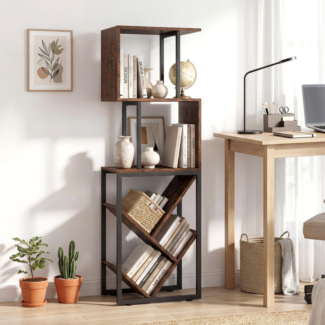 Giantex 6-Tier Bookshelf | Industrial S-Shaped Geometric Bookcase with Open Display Shelves