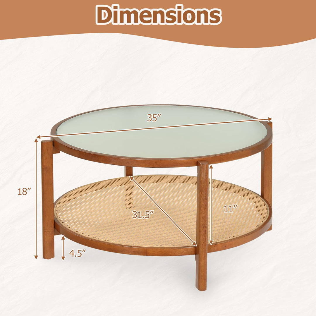 Giantex 35" Rattan Farmhouse Glass Center Table with Storage