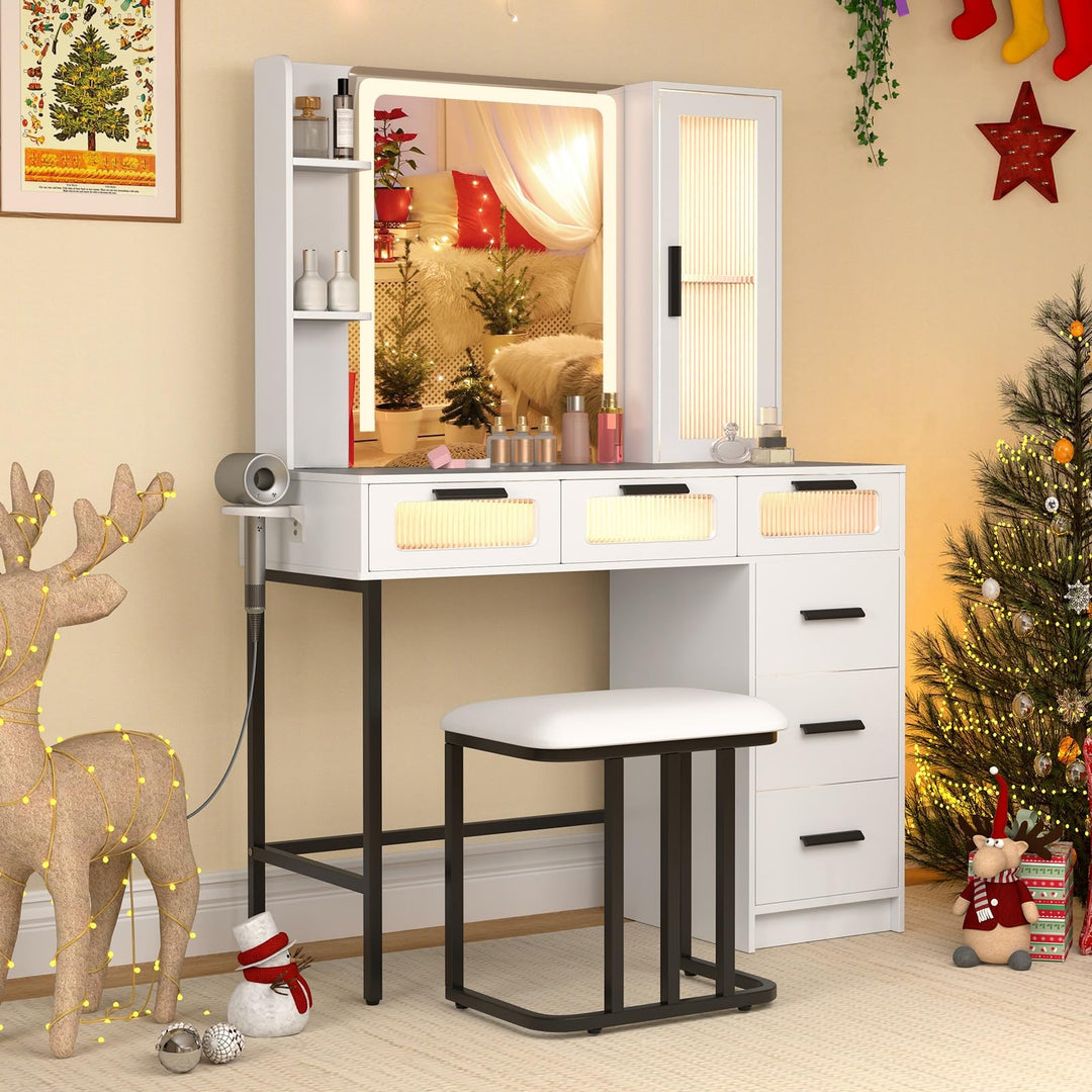 Vanity Desk with Mirror and Lights, White Makeup Vanity Desk with 6 Drawers, Lighted Side Cabinet
