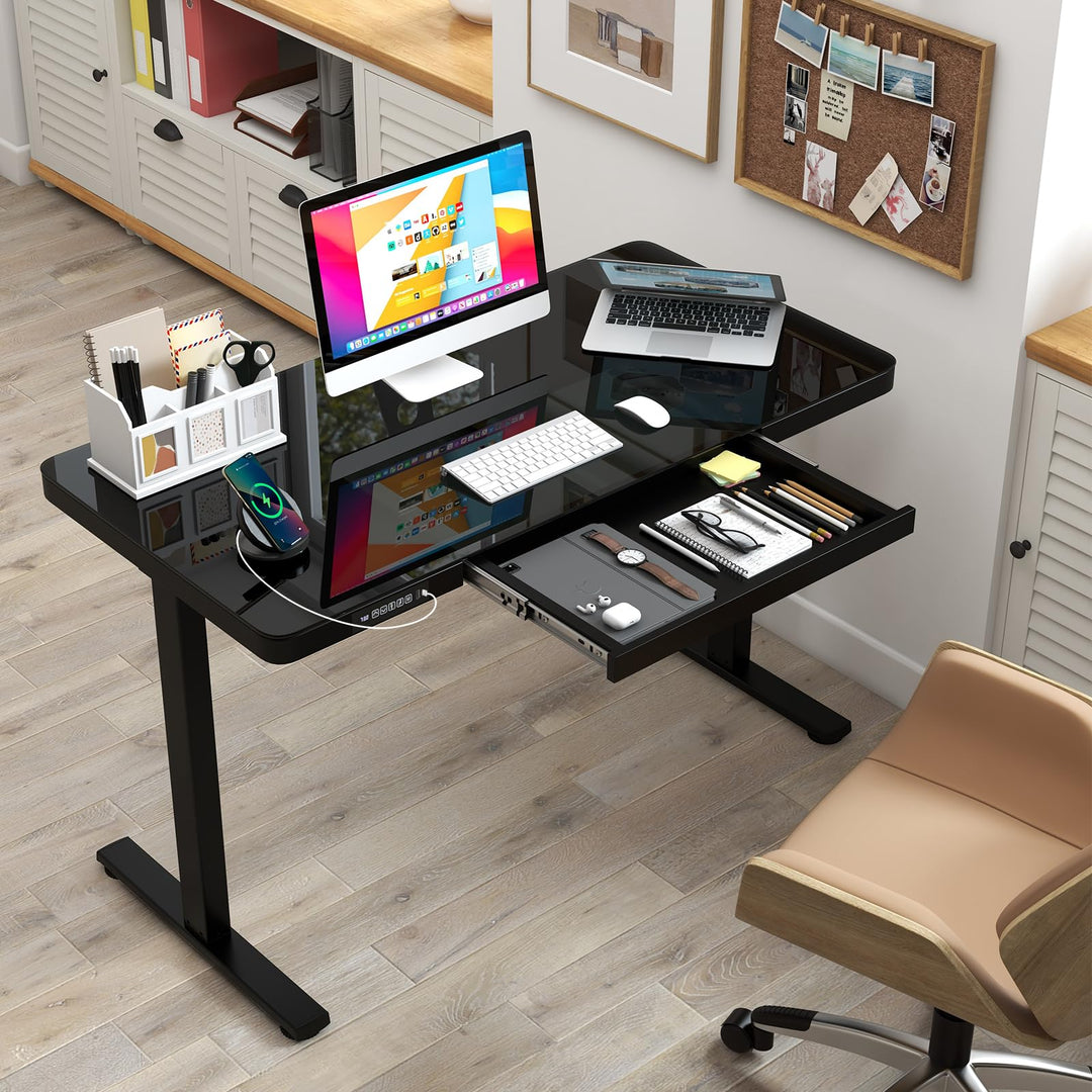 Giantex Glass Standing Desk with Drawer, 48" x 24" Height Adjustable Electric Stand Up Desk