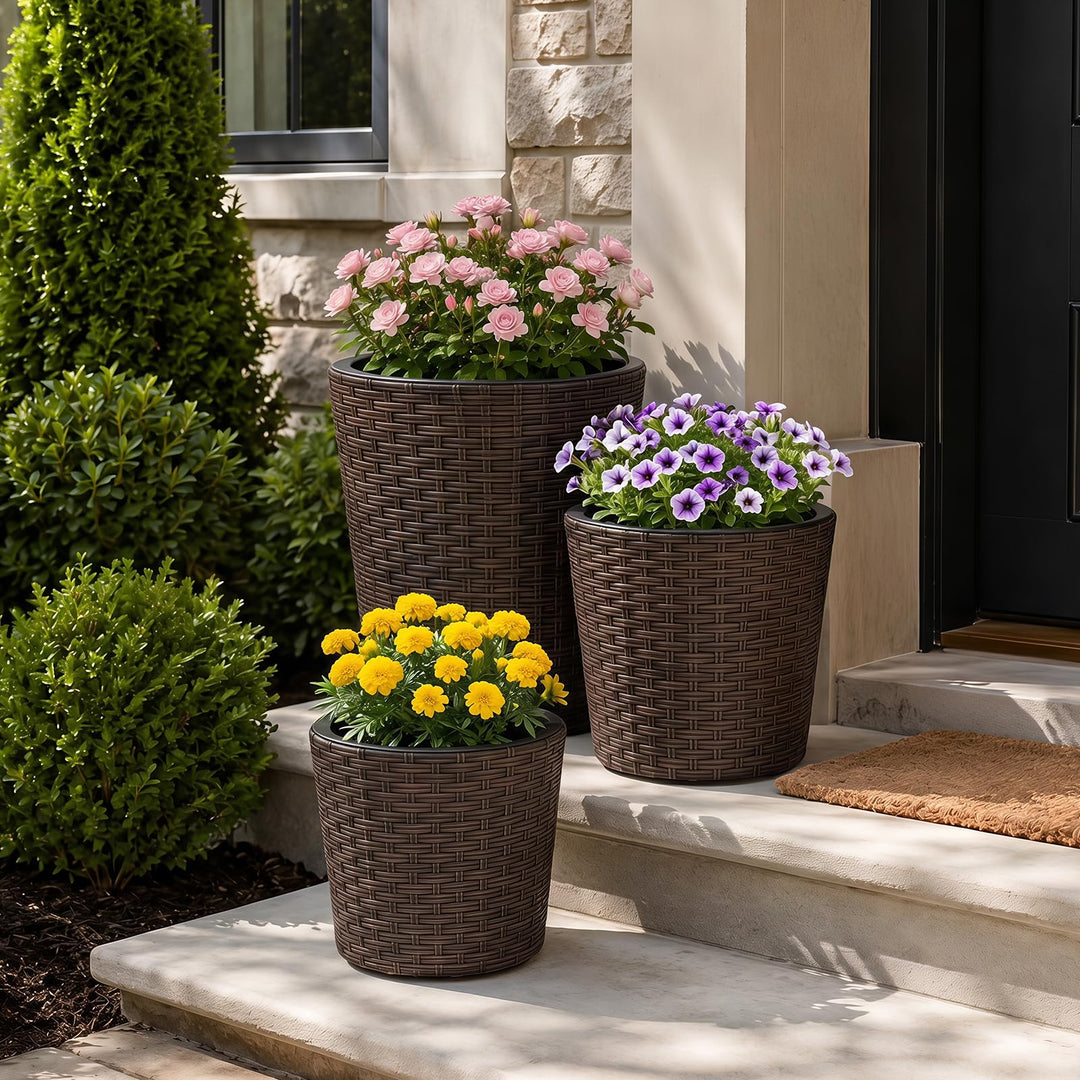 Giantex Set of 3 Plastic Planters | 14 &amp; 11 &amp; 9 Inch Taper Rattan Planters with Drainage Holes and Saucers