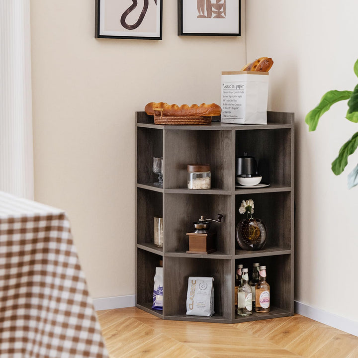 Giantex 3-Tier Corner Cabinet with Charging Station, Corner Shelf with 9 Cubbies, 2 USB Ports & 4 Outlets