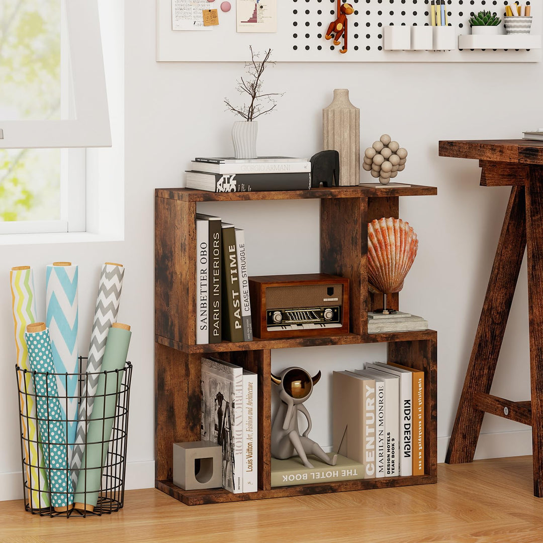 Giantex 3-Tier S-Shaped Bookshelf, Modern Geometric Bookcase, Freestanding Display Shelf for Small Space