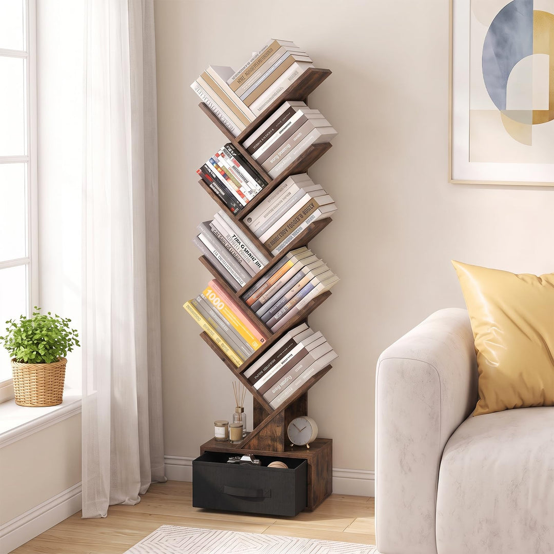 GIANTEX 9-Tier Tree Bookshelf | Tall Small Bookcase with Drawer
