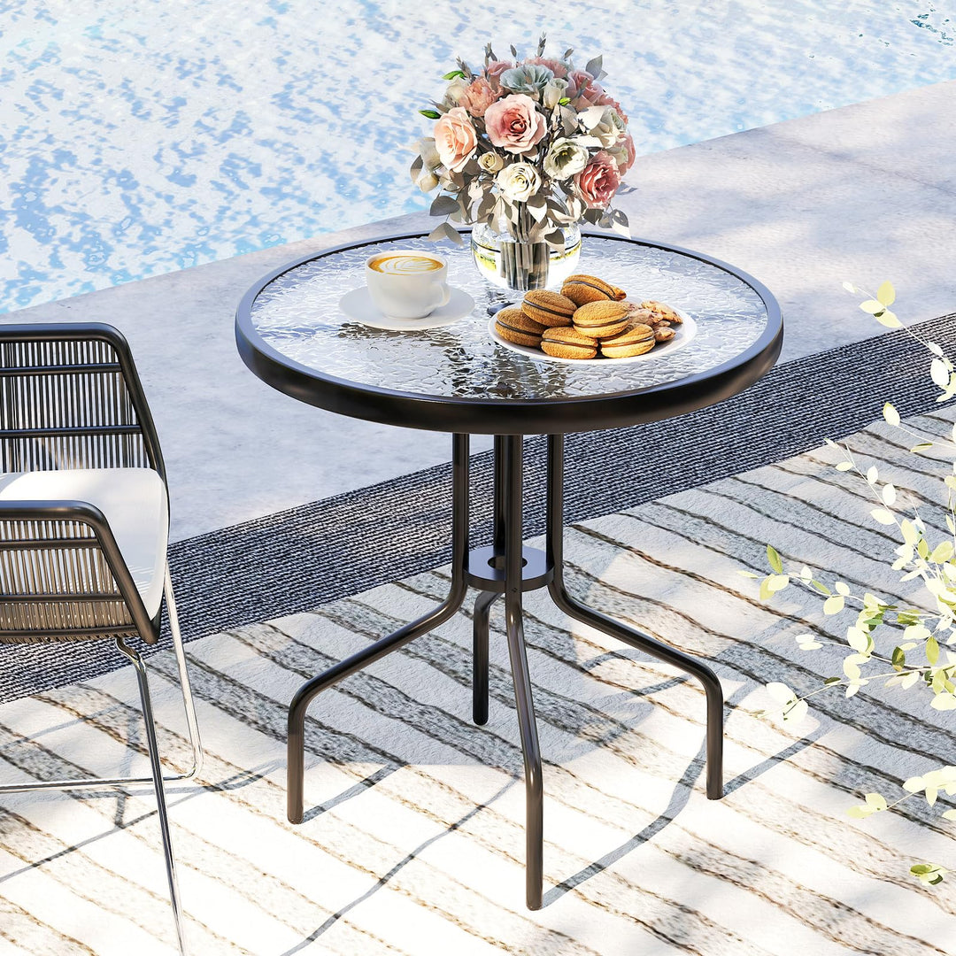glass patio table with umbrella Giantex Patio Round Dining Table with Tempered Glass Tabletop and 1.57" Umbrella Hole