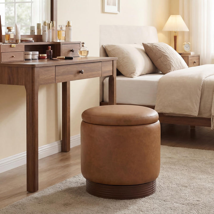 Giantex Round Ottoman with Storage 360° Swivel Faux Leather Vanity Stool