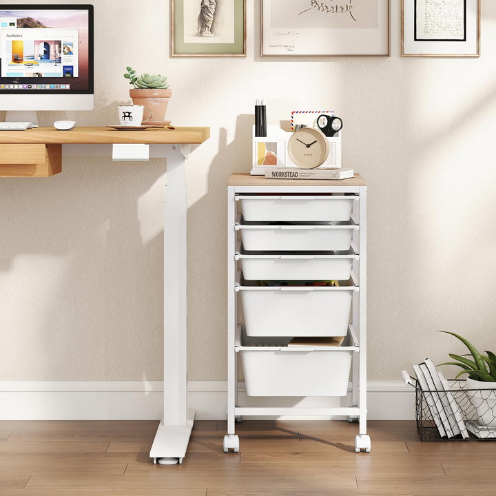Giantex 5-Drawer Rolling Storage Cart Mobile Utility Organizer with Wooden Tabletop and Lockable Wheels