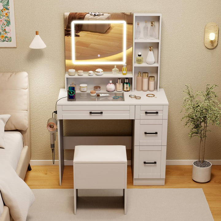 Vanity Desk with Mirror and Lights with Charging Station