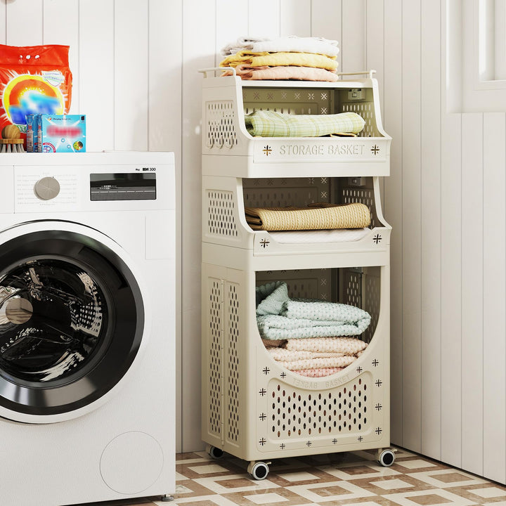 Giantex 4-Tier Rolling Laundry Cart with Wheels Folding Laundry Basket with 3 Baskets