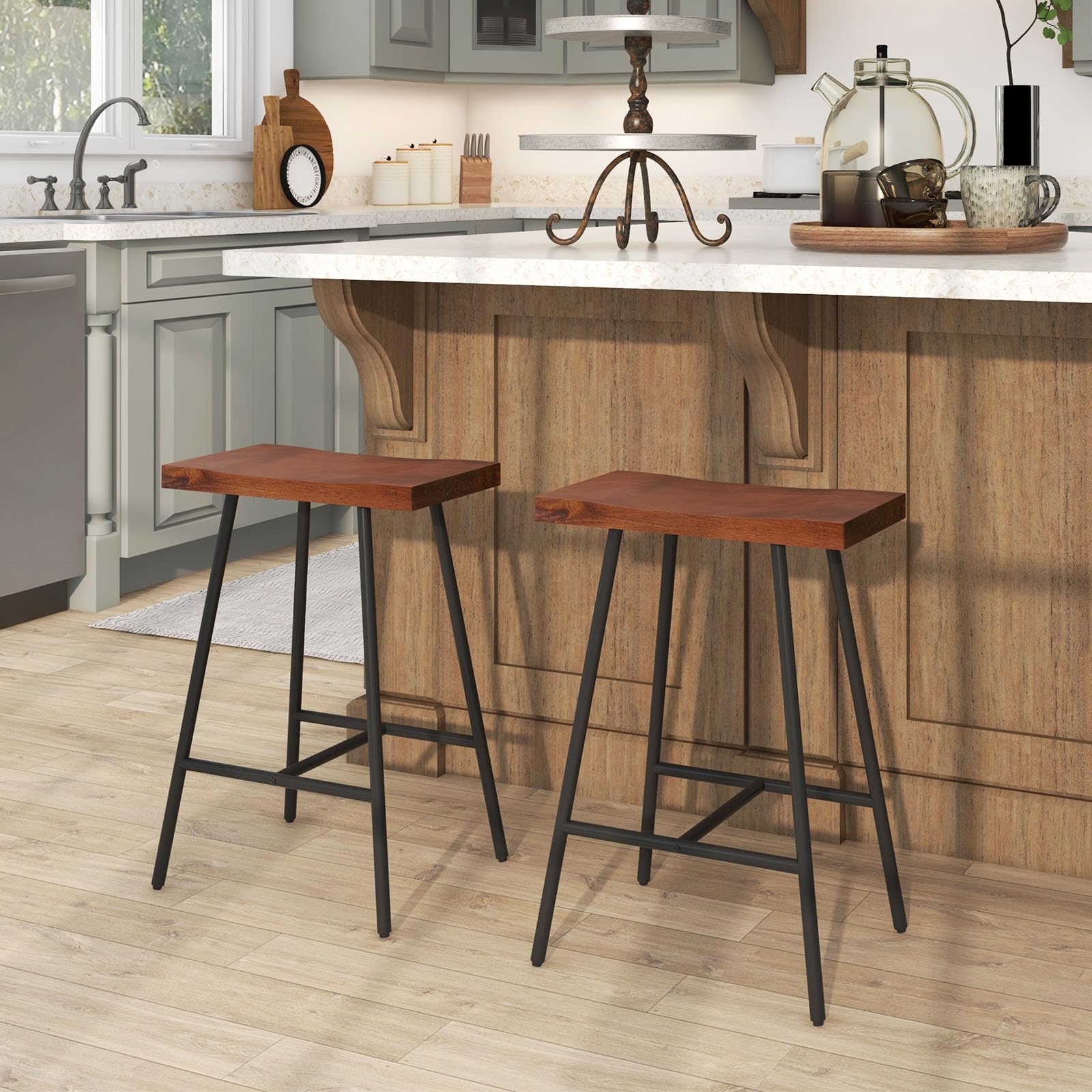 Giantex 24" Bar Stools Set of 2, Counter Height Bar Stools with Footrests, Solid Metal Legs