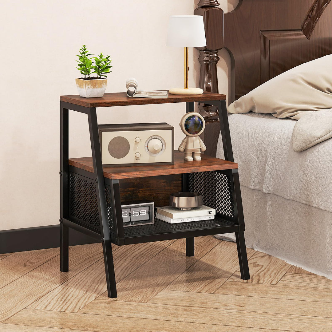 Giantex Industrial Nightstand 3-Tier End Table with 2 Open Shelves and Metal Mesh Compartment